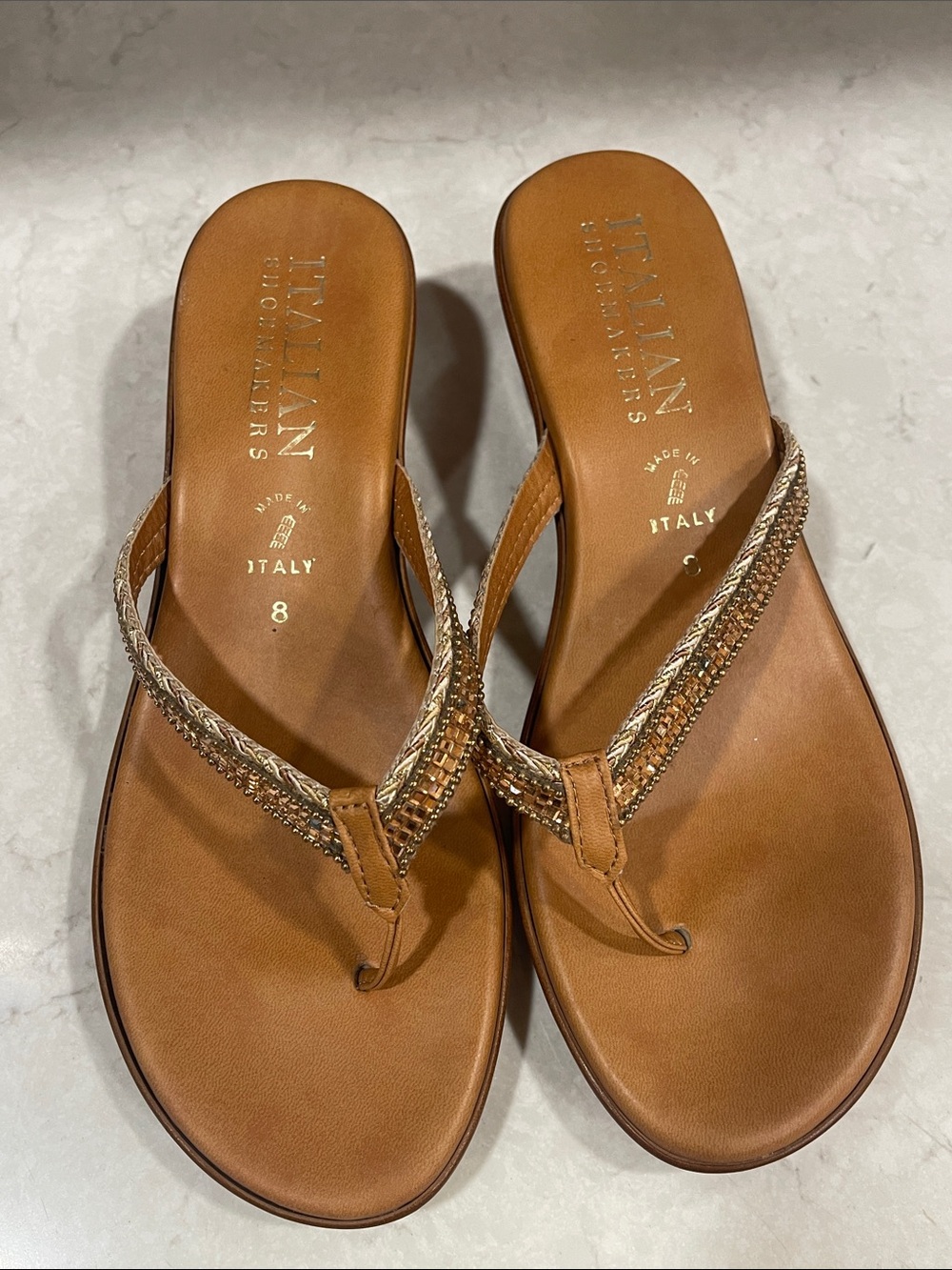 Italian Shoemakers Tan Leather Braided Bead Thong Sandals